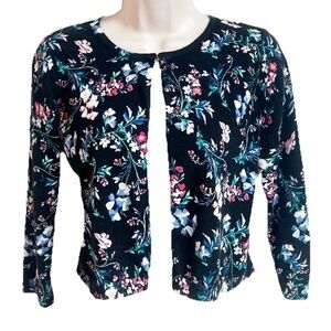 Talbots Floral Cropped Cardigan Sweater Black Blue Pink Small Crew Neck